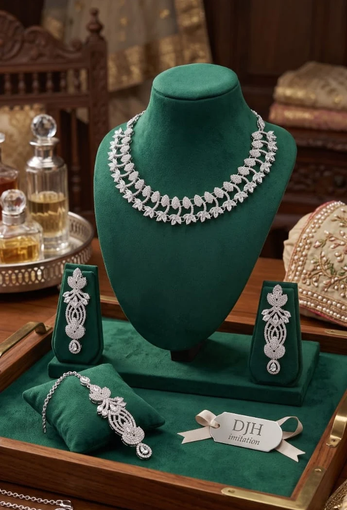 Silver Leaf Choker Set by Hamza Jewells