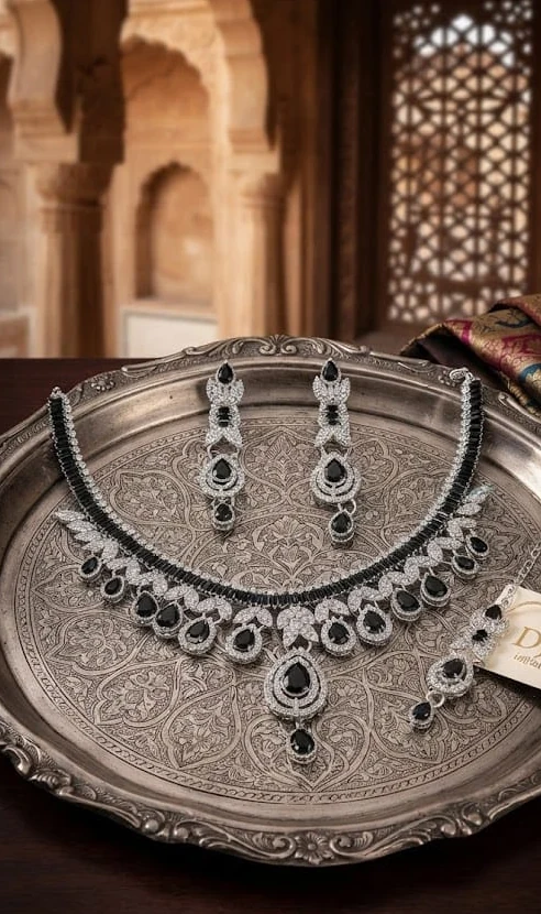 Onyx Silver Necklace Set by Hamza Jewells