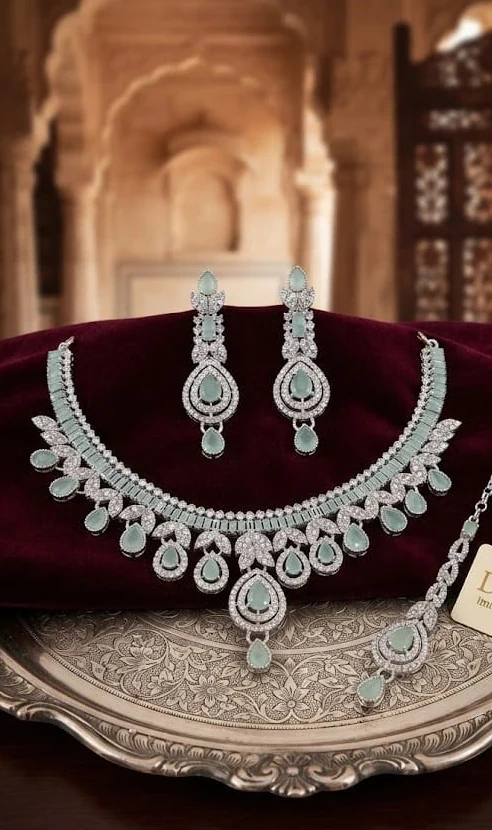 Aqua Silver Necklace Set by Hamza Jewells