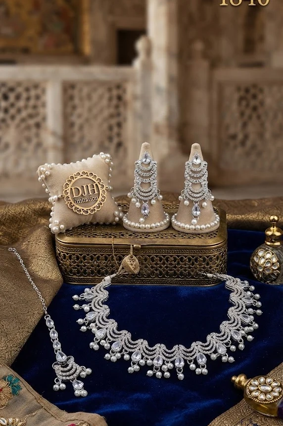 Silver Crescent Blue Set by Hamza Jewells
